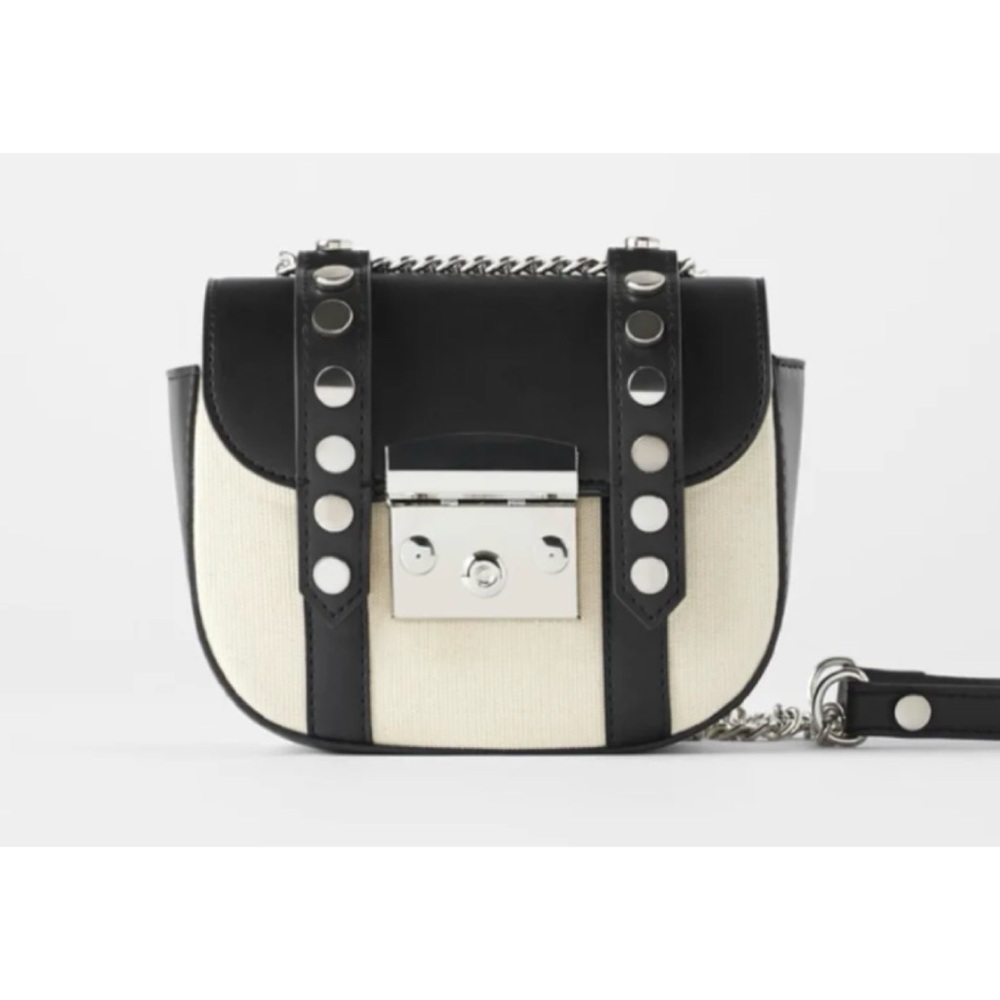 ZARA • Black/Cream Faux Leather and Canvas Studded Mini Chainlink Crossbody Bag